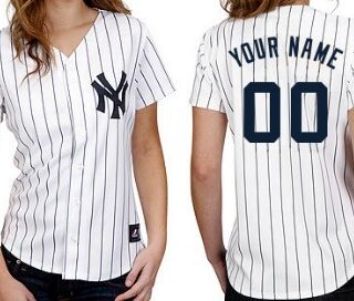Women's New York Yankees Customized White With Navy Blue Pinstripe Jersey
