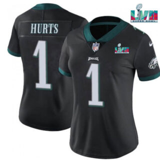 Women's Philadelphia Eagles #1 Jalen Hurts Black Super Bolw LVII Patch Vapor Untouchable Limited Stitched Football Jersey(Run Small)