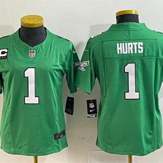 Women's Philadelphia Eagles #1 Jalen Hurts Green 2023 F.U.S.E. With C Patch Stitched Football Jersey(Run Small)