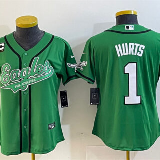 Women's Philadelphia Eagles #1 Jalen Hurts Green With 3-Star C Patch Cool Base Stitched Baseball Jersey(Run Small)