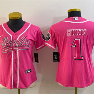 Women's Philadelphia Eagles #1 Jalen Hurts Pink Cool Base Stitched Baseball Jersey(Run Small)