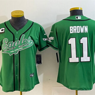 Women's Philadelphia Eagles #11 A. J. Brown Green With 3-Star C Patch Cool Base Stitched Baseball Jersey(Run Small)