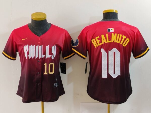 Women's Philadelphia Phillies #10 J.T. Realmuto Red 2024 City Connect Limited Stitched Baseball Jerseys