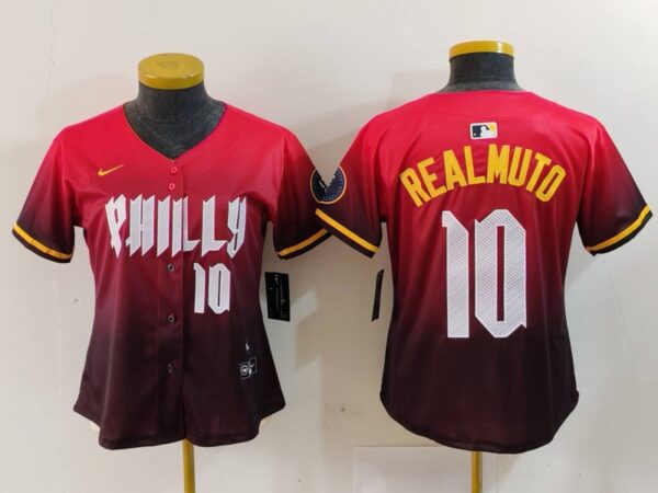 Women's Philadelphia Phillies #10 J.T. Realmuto Red 2024 City Connect Limited Stitched Baseball Jerseys