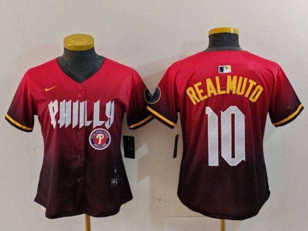 Women's Philadelphia Phillies #10 J.T. Realmuto Red 2024 City Connect Limited Stitched Baseball Jerseys