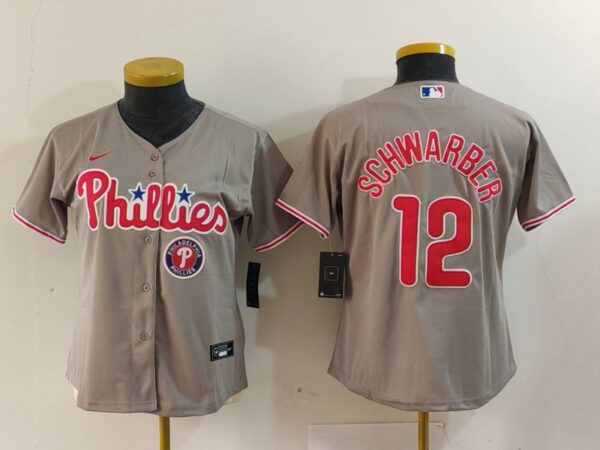 Women's Philadelphia Phillies #12 Kyle Schwarber Grey Cool Base Stitched Baseball Jersey(Run Small)