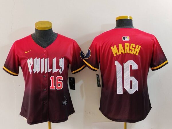 Women's Philadelphia Phillies #16 Brandon Marsh Red 2024 City Connect Limited Stitched Baseball Jerseys