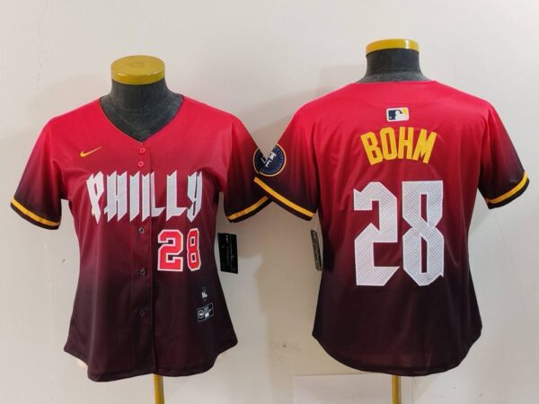 Women's Philadelphia Phillies #28 Alec Bohm Red 2024 City Connect Limited Stitched Baseball Jerseys