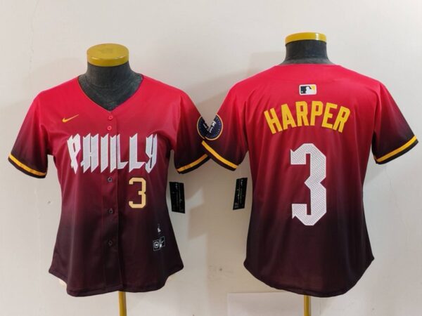 Women's Philadelphia Phillies #3 Bryce Harper Red 2024 City Connect Limited Stitched Baseball Jerseys