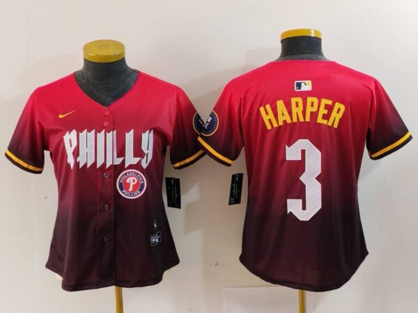 Women's Philadelphia Phillies #3 Bryce Harper Red 2024 City Connect Limited Stitched Baseball Jerseys