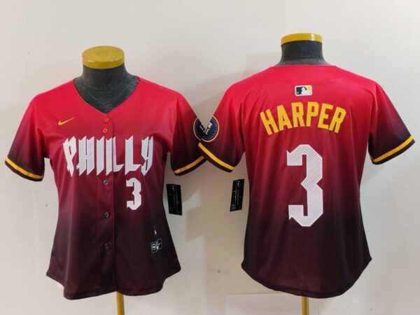 Women's Philadelphia Phillies #3 Bryce Harper Red 2024 City Connect Limited Stitched Baseball Jerseys