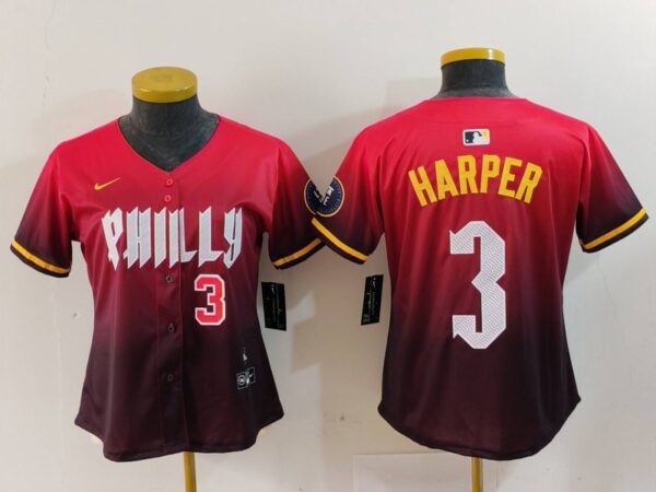 Women's Philadelphia Phillies #3 Bryce Harper Red 2024 City Connect Limited Stitched Baseball Jerseys