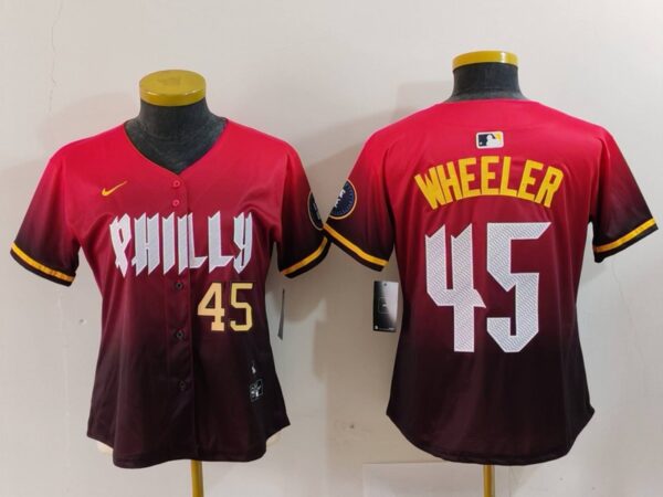 Women's Philadelphia Phillies #45 Zack Wheeler Red 2024 City Connect Limited Stitched Baseball Jerseys
