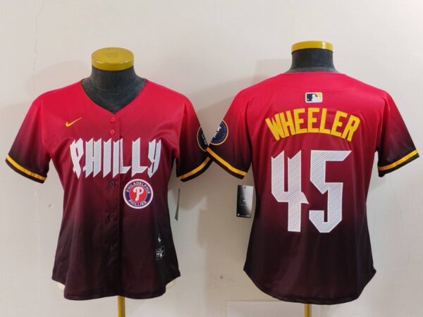 Women's Philadelphia Phillies #45 Zack Wheeler Red 2024 City Connect Limited Stitched Baseball Jerseys