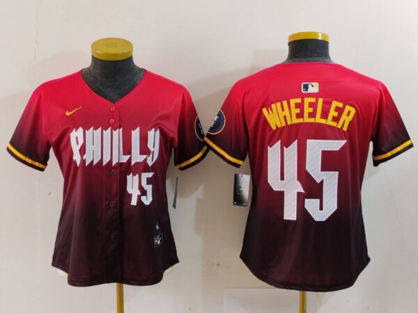 Women's Philadelphia Phillies #45 Zack Wheeler Red 2024 City Connect Limited Stitched Baseball Jerseys