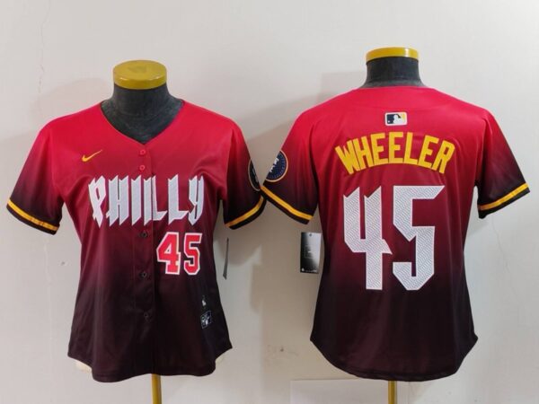 Women's Philadelphia Phillies #45 Zack Wheeler Red 2024 City Connect Limited Stitched Baseball Jerseys