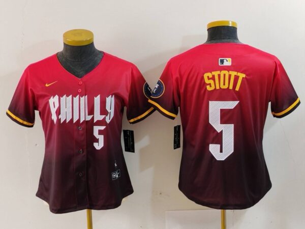 Women's Philadelphia Phillies #5 Bryson Stott Red 2024 City Connect Limited Stitched Baseball Jerseys