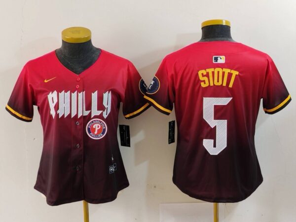 Women's Philadelphia Phillies #5 Bryson Stott Red 2024 City Connect Limited Stitched Baseball Jerseys