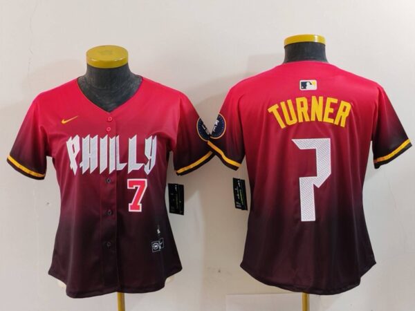 Women's Philadelphia Phillies #7 Trea Turner Red 2024 City Connect Limited Stitched Baseball Jerseys