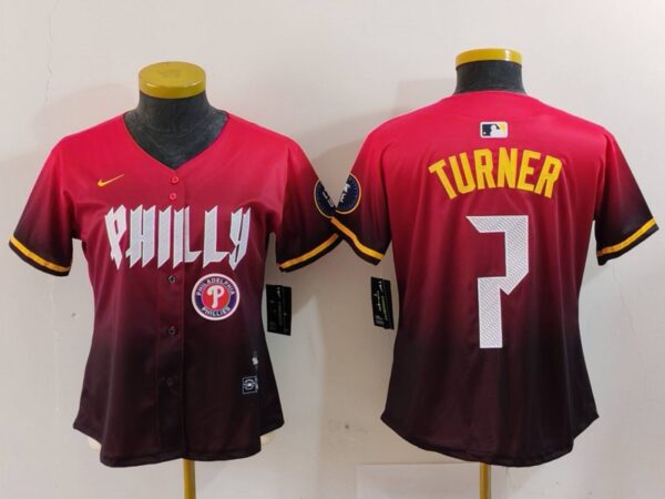 Women's Philadelphia Phillies #7 Trea Turner Red 2024 City Connect Limited Stitched Baseball Jerseys
