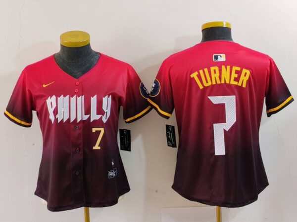 Women's Philadelphia Phillies #7 Trea Turner Red 2024 City Connect Limited Stitched Baseball Jerseys