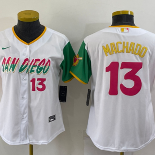 Women's San Diego Padres #13 Manny Machado 2022 White City Connect Cool Base Stitched Baseball Jersey(Run Small)