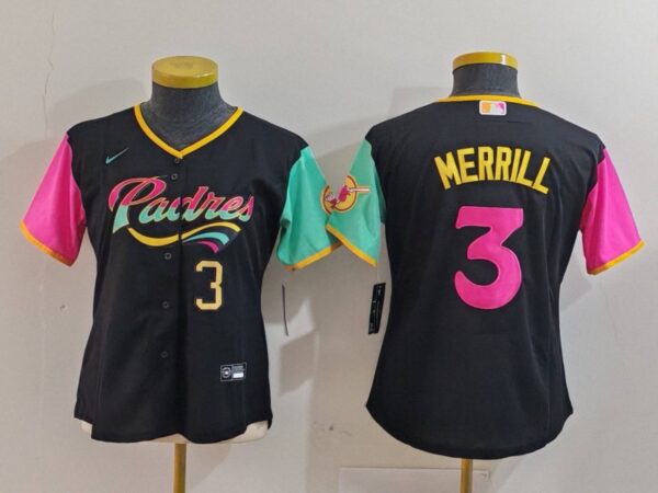 Women's San Diego Padres #3 Jackson Merrill Black City Connect Stitched Baseball Jersey(Run Small)