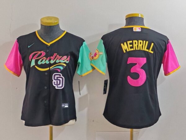 Women's San Diego Padres #3 Jackson Merrill Black City Connect Stitched Baseball Jersey(Run Small)