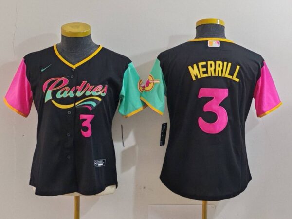 Women's San Diego Padres #3 Jackson Merrill Black City Connect Stitched Baseball Jersey(Run Small)