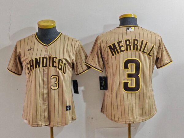 Women's San Diego Padres #3 Jackson Merrill Tan Stitched Baseball Jersey(Run Small)