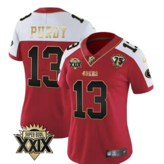 Women's San Francisco 49ers #13 Brock Purdy Red White Super Bowl XXIX Patch And 75th Anniversary Patch Stitched Game Jersey(Run Small)