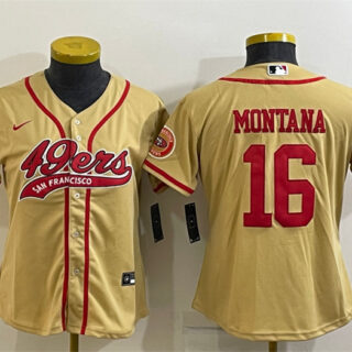Women's San Francisco 49ers #16 Joe Montana Gold With Patch Cool Base Stitched Baseball Jersey(Run Small)