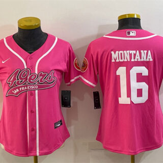Women's San Francisco 49ers #16 Joe Montana Pink With Patch Cool Base Stitched Baseball Jersey(Run Small)