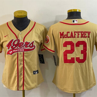 Women's San Francisco 49ers #23 Christian McCaffrey Gold With Patch Cool Base Stitched Baseball Jersey(Run Small)