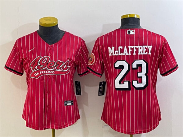 Women's San Francisco 49ers #23 Christian McCaffrey New Red With Patch Cool Base Stitched Baseball Jersey(Run Small)S