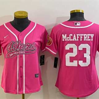 Women's San Francisco 49ers #23 Christian McCaffrey Pink With Patch Cool Base Stitched Baseball Jersey(Run Small)
