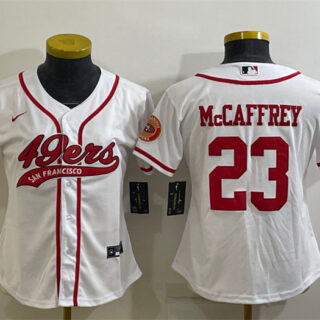 Women's San Francisco 49ers #23 Christian McCaffrey White With Patch Cool Base Stitched Baseball Jersey(Run Small)