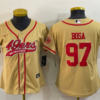 Women's San Francisco 49ers #97 Nick Bosa Gold With Patch Cool Base Stitched Baseball Jersey(Run Small)