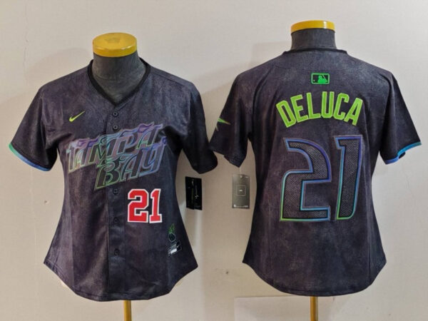 Women's Tampa Bay Rays #21 Jonny DeLuca Charcoal 2024 City Connect Limited Stitched Baseball Jersey(Run Small)