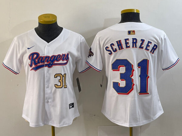 Women's Texas Rangers #31 Max Scherzer White Gold Stitched Baseball Jersey(Run Small)