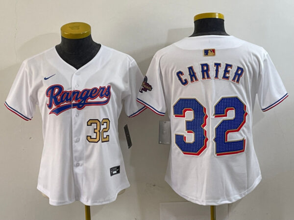 Women's Texas Rangers #32 Evan Carter White Gold Stitched Baseball Jersey(Run Small)