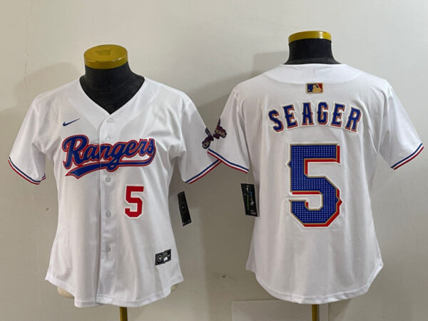 Women's Texas Rangers #5 Corey Seager White Gold Stitched Baseball Jersey(Run Small)