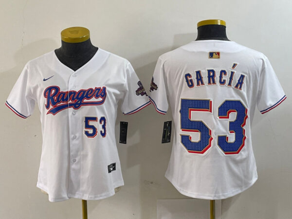 Women's Texas Rangers #53 Adolis Garcia White Gold Stitched Baseball Jersey(Run Small)