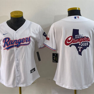 Women's Texas Rangers White 2023 World Series Champions Big Logo With Patch Stitched Baseball Jersey(Run Small)