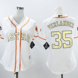 Women Astros 35 Justin Verlander White Women 2018 Gold Program Cool Base Jersey