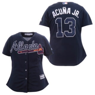 Women Braves 13 Ronald Acuna Jr. Navy Women Cool Base Jersey