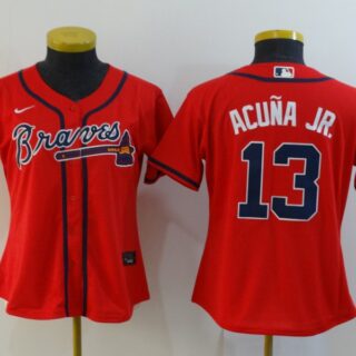 Women Braves 13 Ronald Acuna Jr. Red Women 2020 Nike Cool Base Jersey