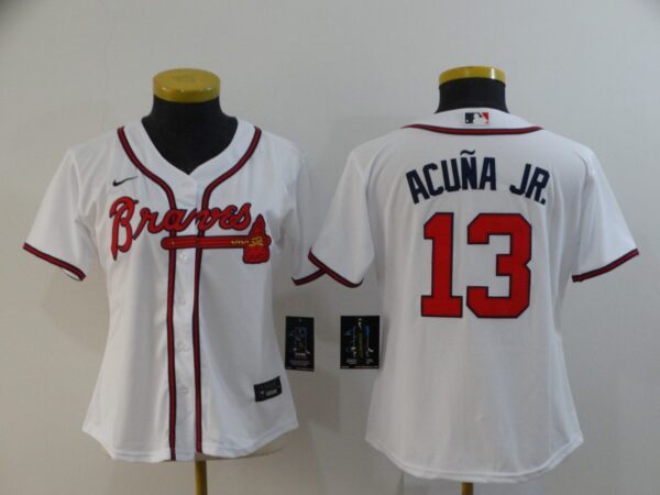 Women Braves 13 Ronald Acuna Jr. White Women 2020 Nike Cool Base Jersey