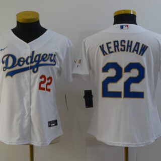 Women Dodgers 22 Clayton Kershaw White Women Nike 2021 Gold Program Cool Base Jersey