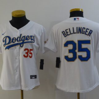 Women Dodgers 35 Cody Bellinger White Women Nike 2021 Gold Program Cool Base Jersey